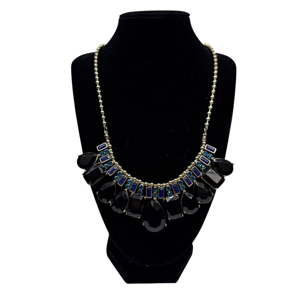 Chic Gold Tone Acrylic Faceted Black & Blue Teal Bib Statement Necklace 18 in